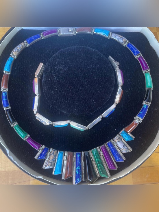 Taxco Jewelry - Vintage Mexico Taxco 950 Fine Silver Inlaid Stone Statement Necklace Set